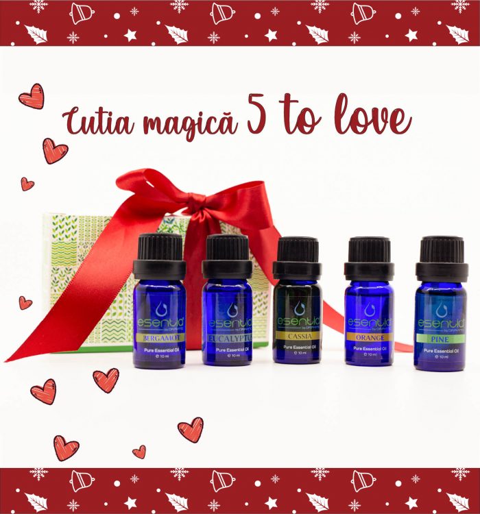 Cutia 5 to love este setul perfect de uleiuri esentiale pe care il poti darui drept cadou de Craciun. Ai cinci uleiuri esentiale deosebite, speciale, cu arome de Craciun.